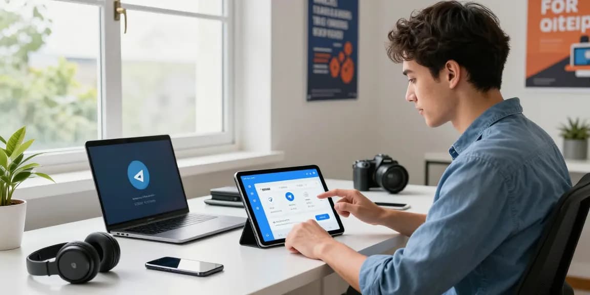 Experience Telegram Chinese interface in a modern workspace with tech gadgets.
