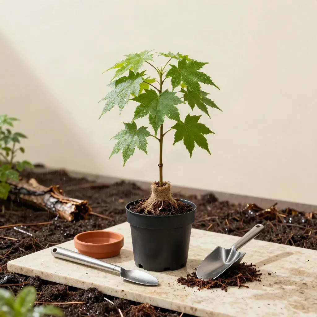 Sugar maple sapling kit with pot, burlap root ball, scoop and mulch on a rain-fresh bed