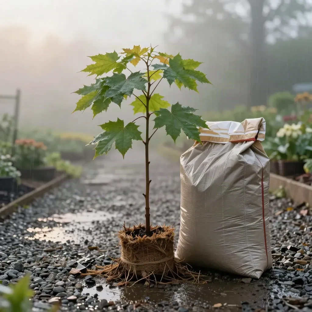 Fresh maple sapling, mulch bag, and planting bundle on wet gravel in a misty nursery yard.
