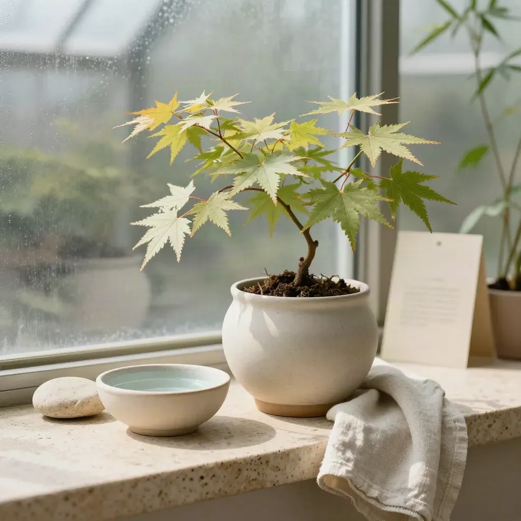Compact Japanese maple in a shallow pot beside stones, bowl and linen in a bright nursery greenhouse.