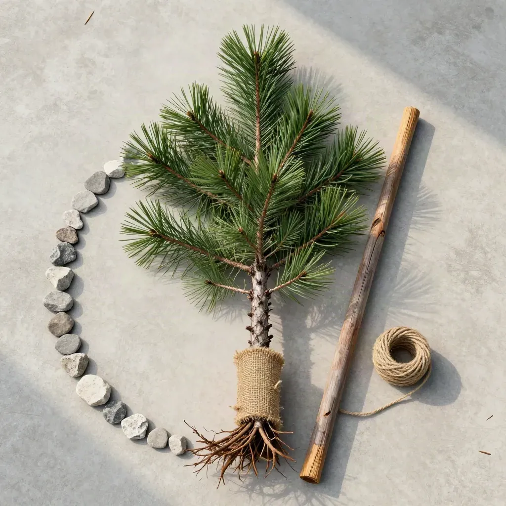 Overhead white spruce flatlay with burlap root wrap, cedar stake, twine, and limestone chips.