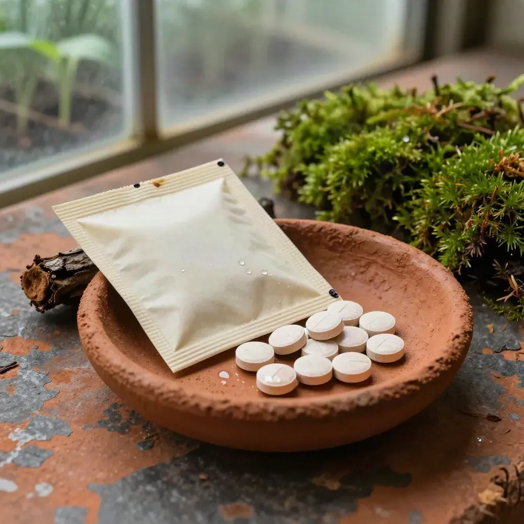 Root feed tablets in a clay dish beside a paper sachet on a mossy greenhouse bench