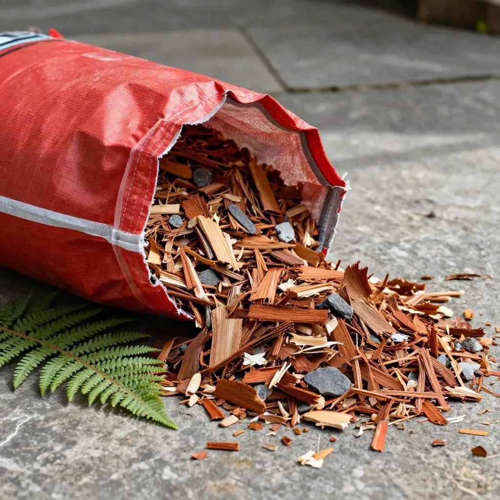 Mulch bag spilling cedar bark on a stone patio beside a fern frond.