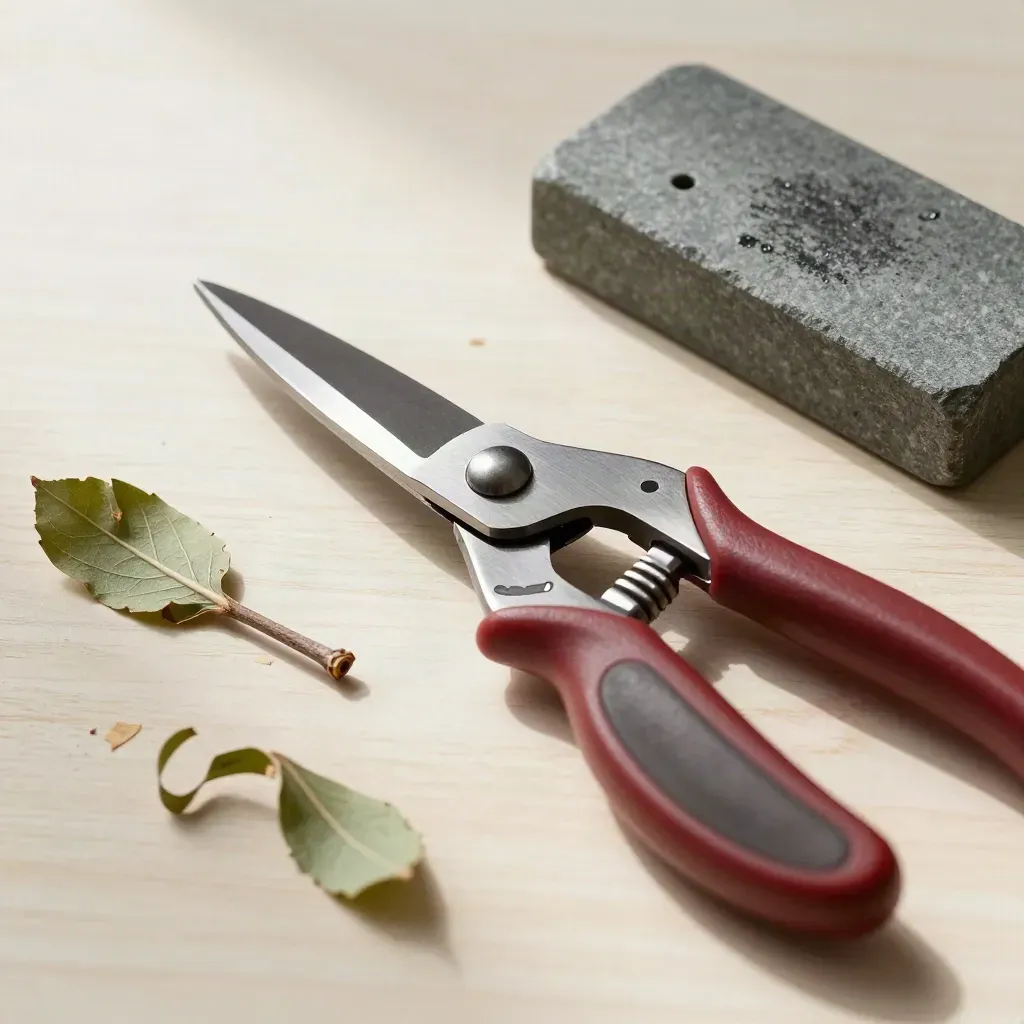 Pruning shears, clipped twig, leaf trimmings, and sharpening block on pale wood