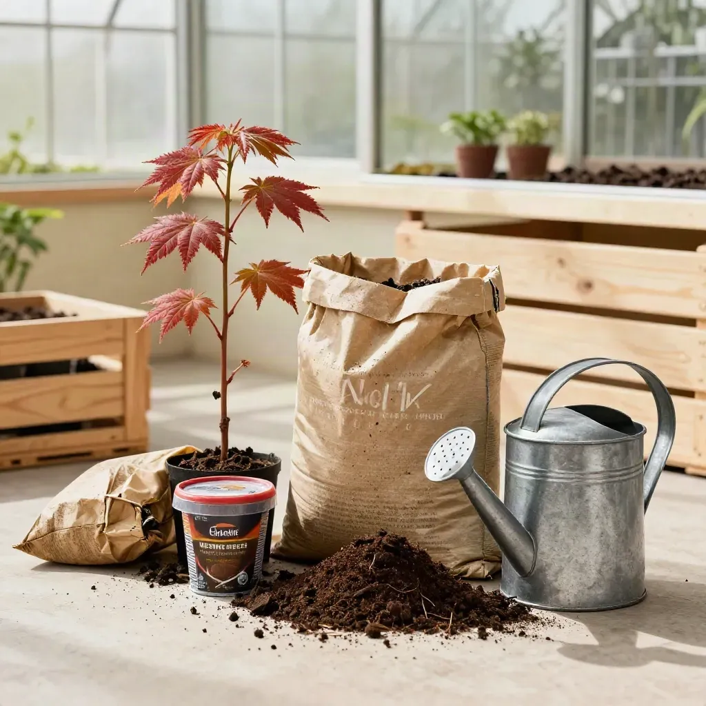 Maple sapling, soil, mulch, feed and watering can in a spring nursery bundle