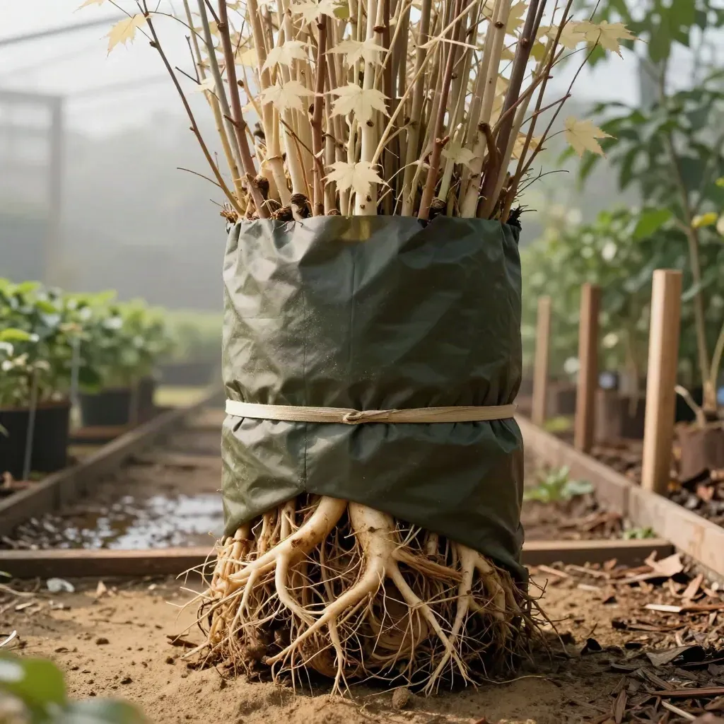 Bare-root maple bundle with wrapped roots, staking ties and nursery sleeve in soft nursery light