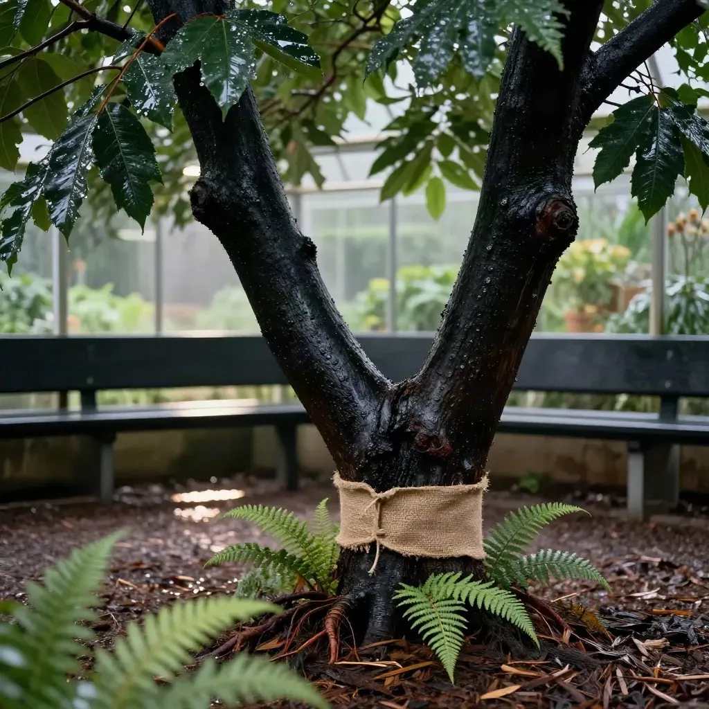 Black gum tree with wet leaves and burlap root wrap on a dark nursery bench.