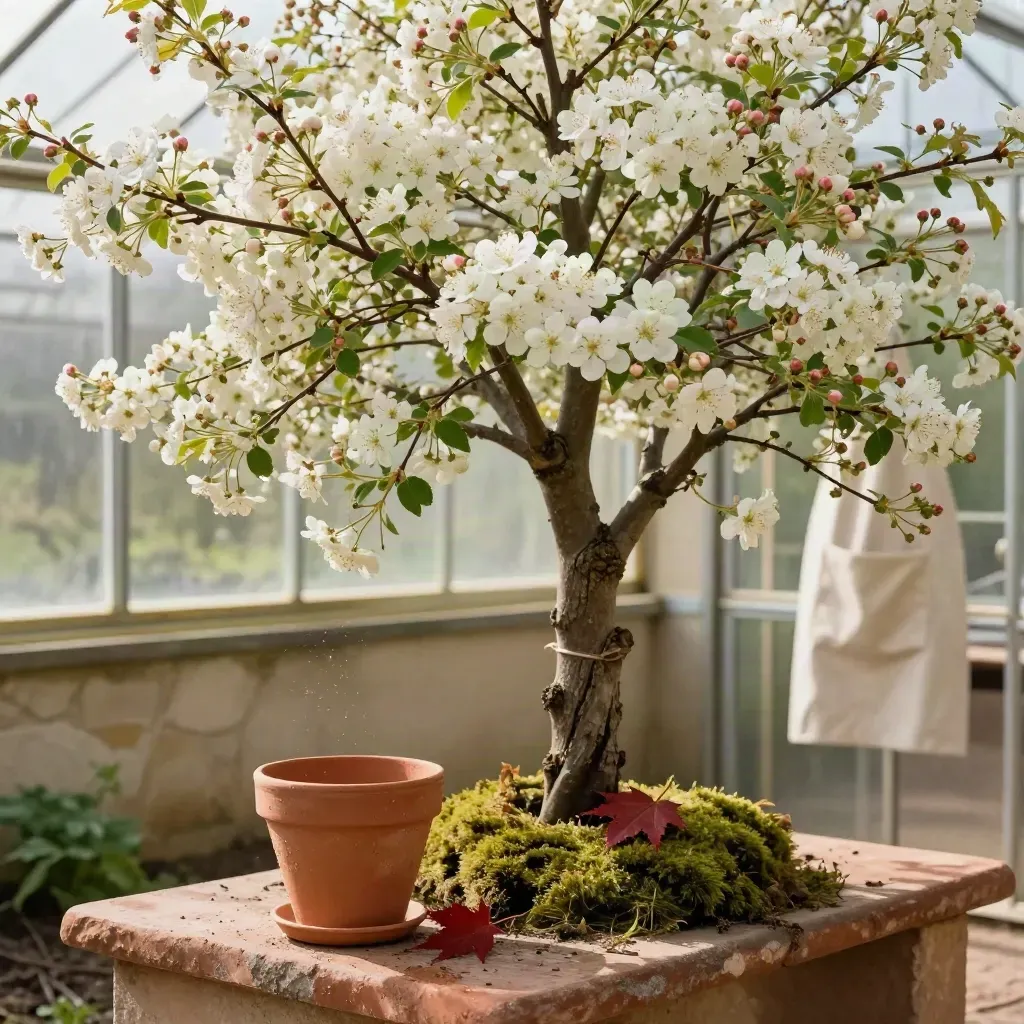 Blooming 4-gallon serviceberry tree with moss collar and terracotta saucer on a nursery bench.