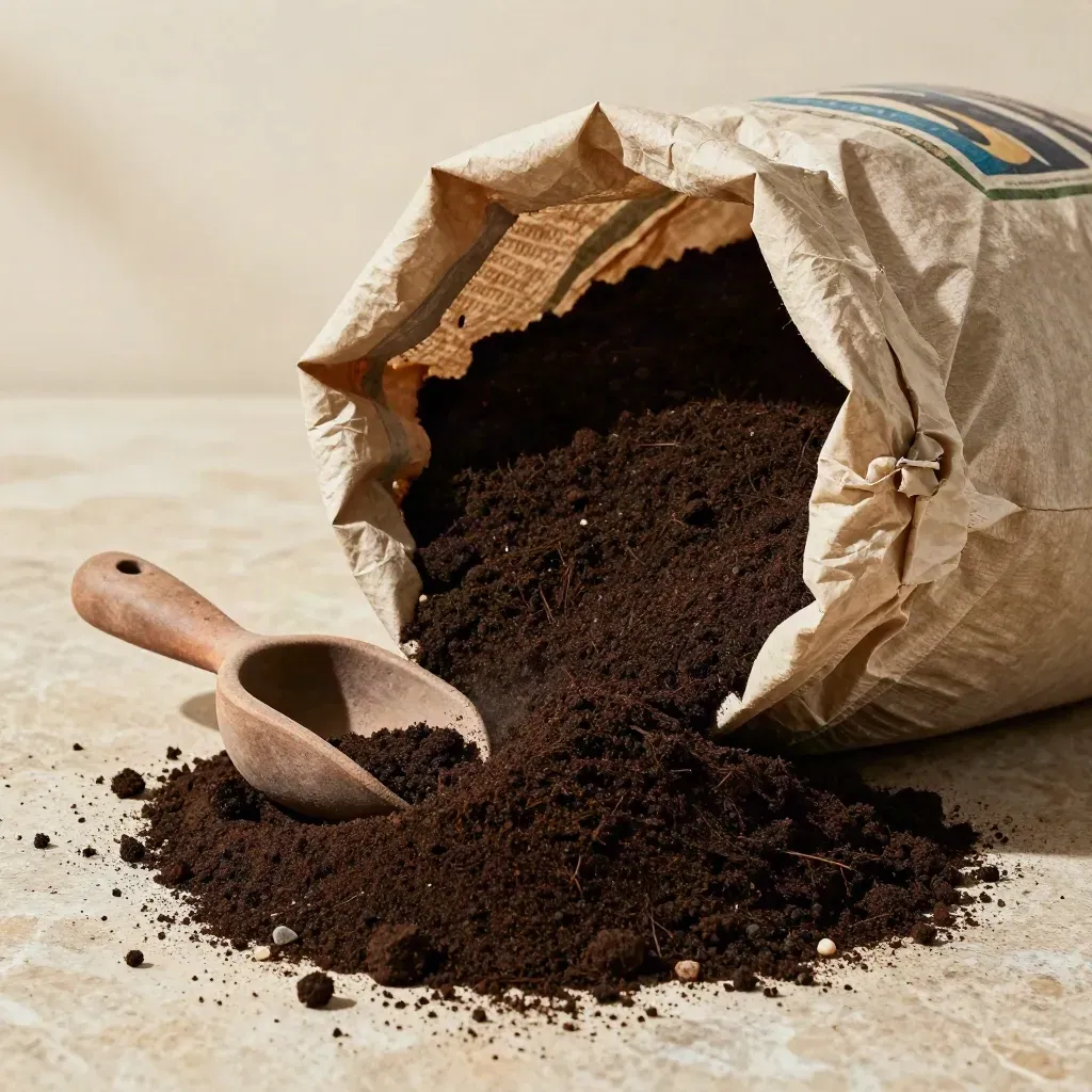 Topsoil bag pouring dark soil beside a clay scoop and pebbles on a cream studio surface.