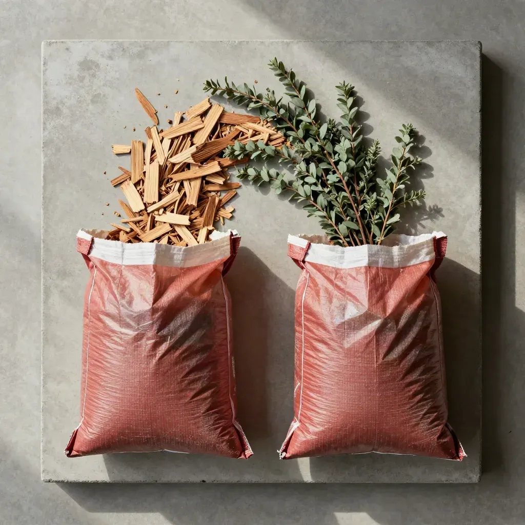 Overhead flatlay of two red cedar mulch bags with chips spilling and a sprig of greenery.