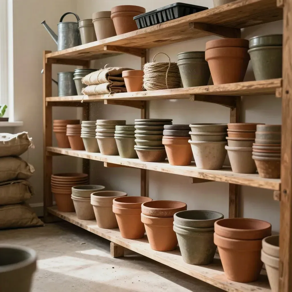 Sunlit potting-shed with stacked pots, wooden shelves and open floor space for copy.