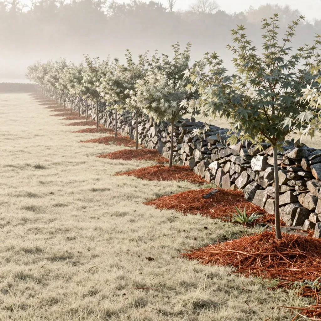 Young maple saplings on a misty nursery slope above mulch and stone wall.