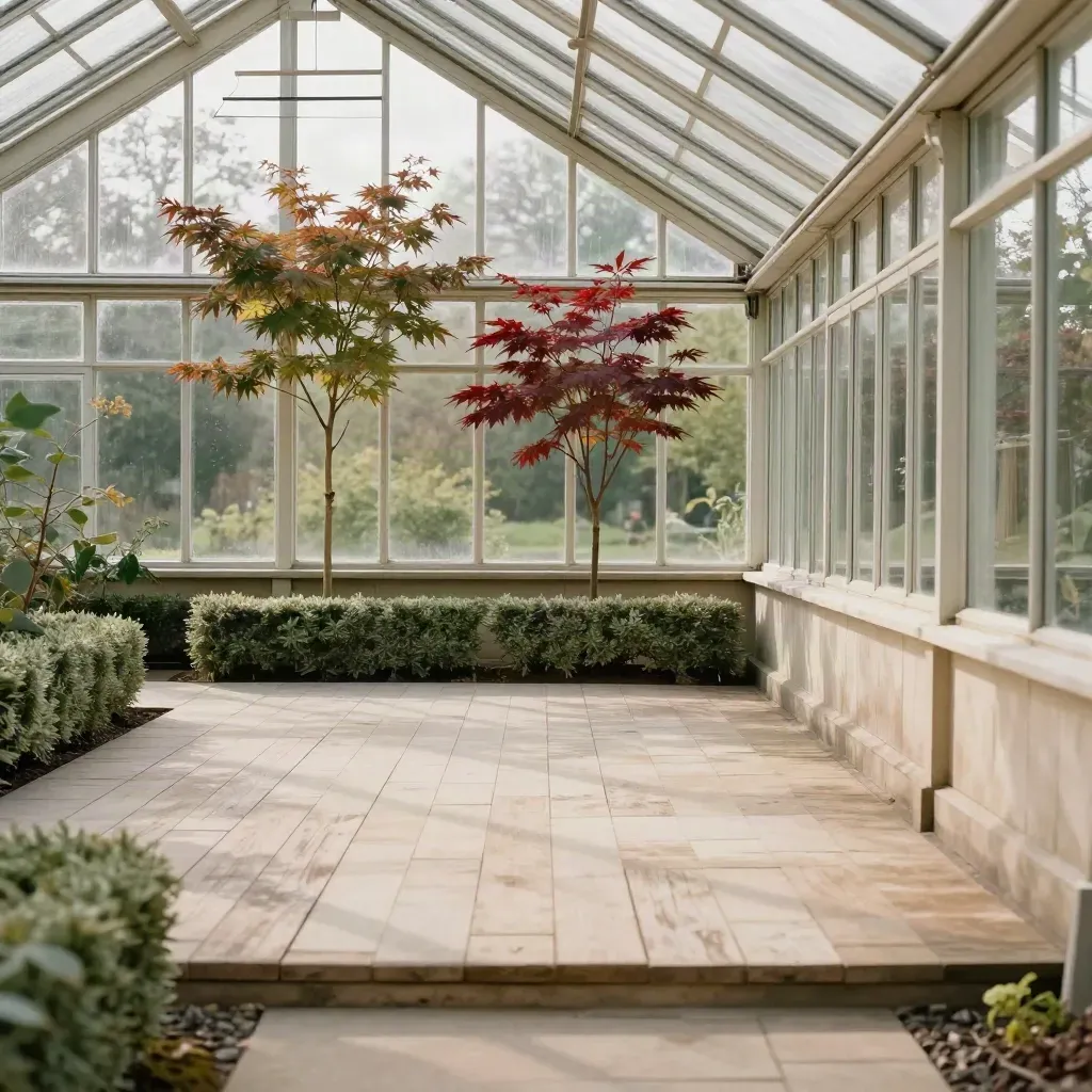 Sunlit greenhouse walkway with pale framing, clipped hedges, and maple saplings.