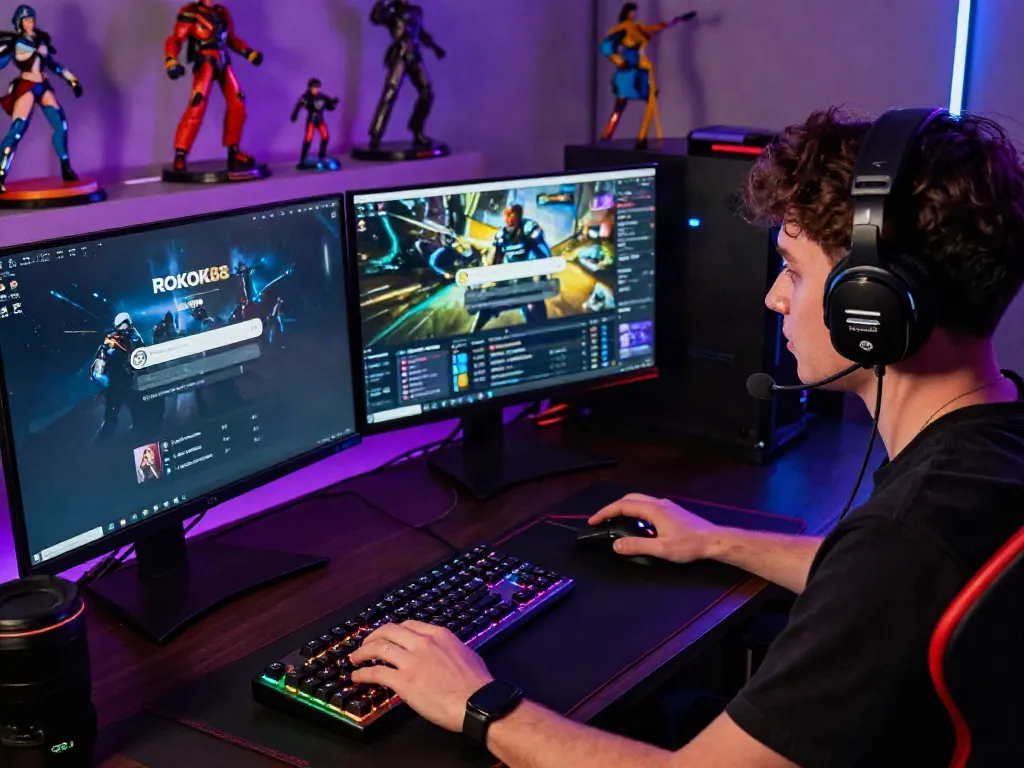 Engaging gaming setup for rokok88 login, featuring multiple screens, gaming accessories, and vibrant LED lighting.