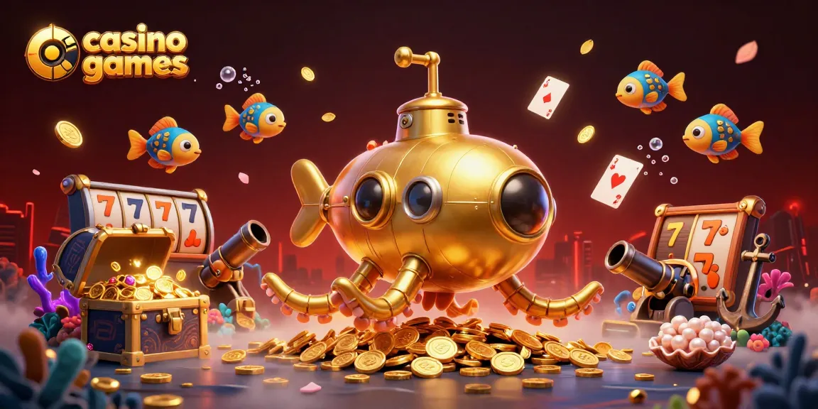 Experience thrilling casino games with a golden kraken submarine surfacing amidst gold coins.