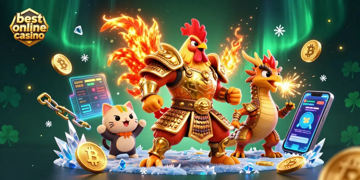 Experience the thrill of the best online casino with a dynamic illustration of a warrior rooster and dragon amidst vibrant crypto elements.